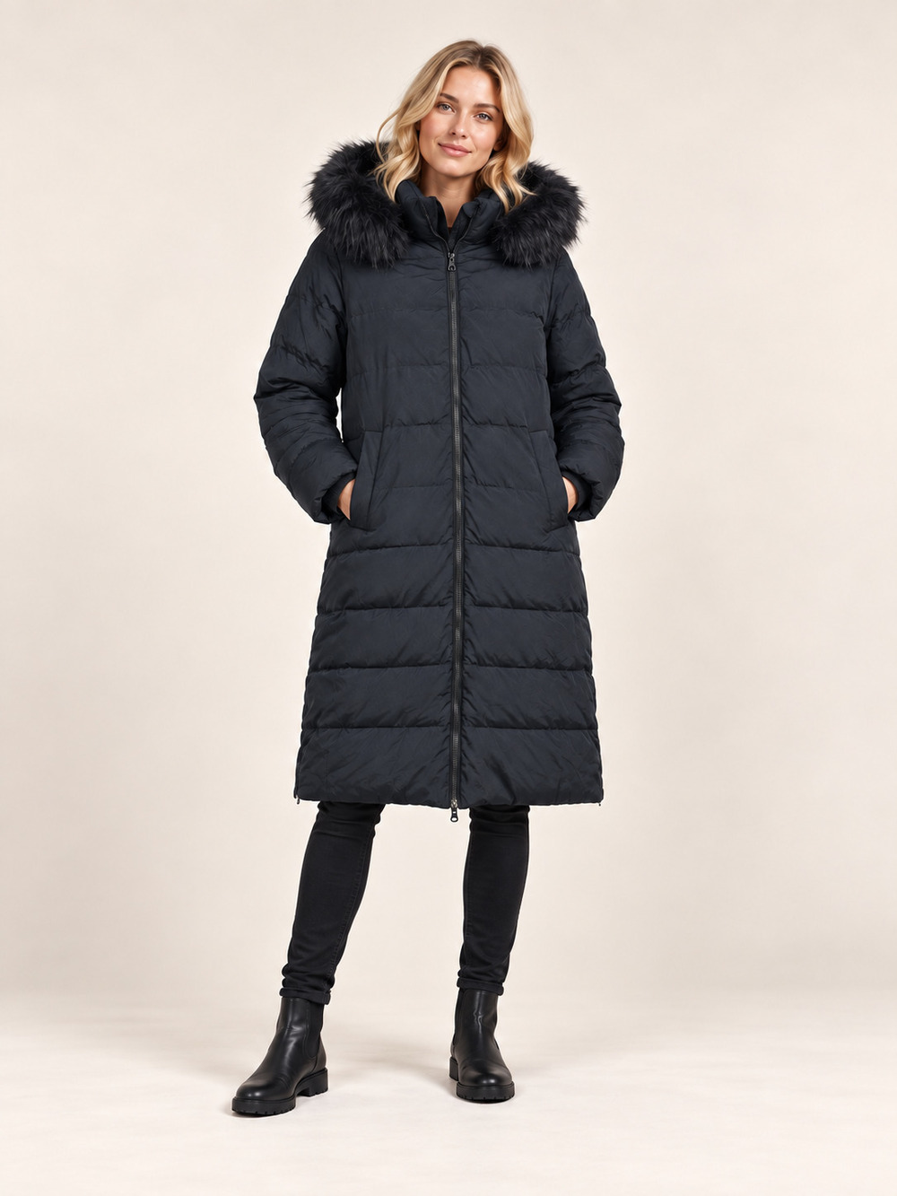 Lands' End Black Down Puffer Coat Faux Fur Hood S #A6057